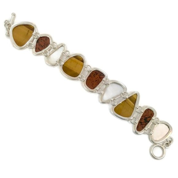 Stone Bracelet, Sterling Silver, Tiger Eye, Red, Jasper, MOP, Pearl, Vintage - Picture 5 of 6